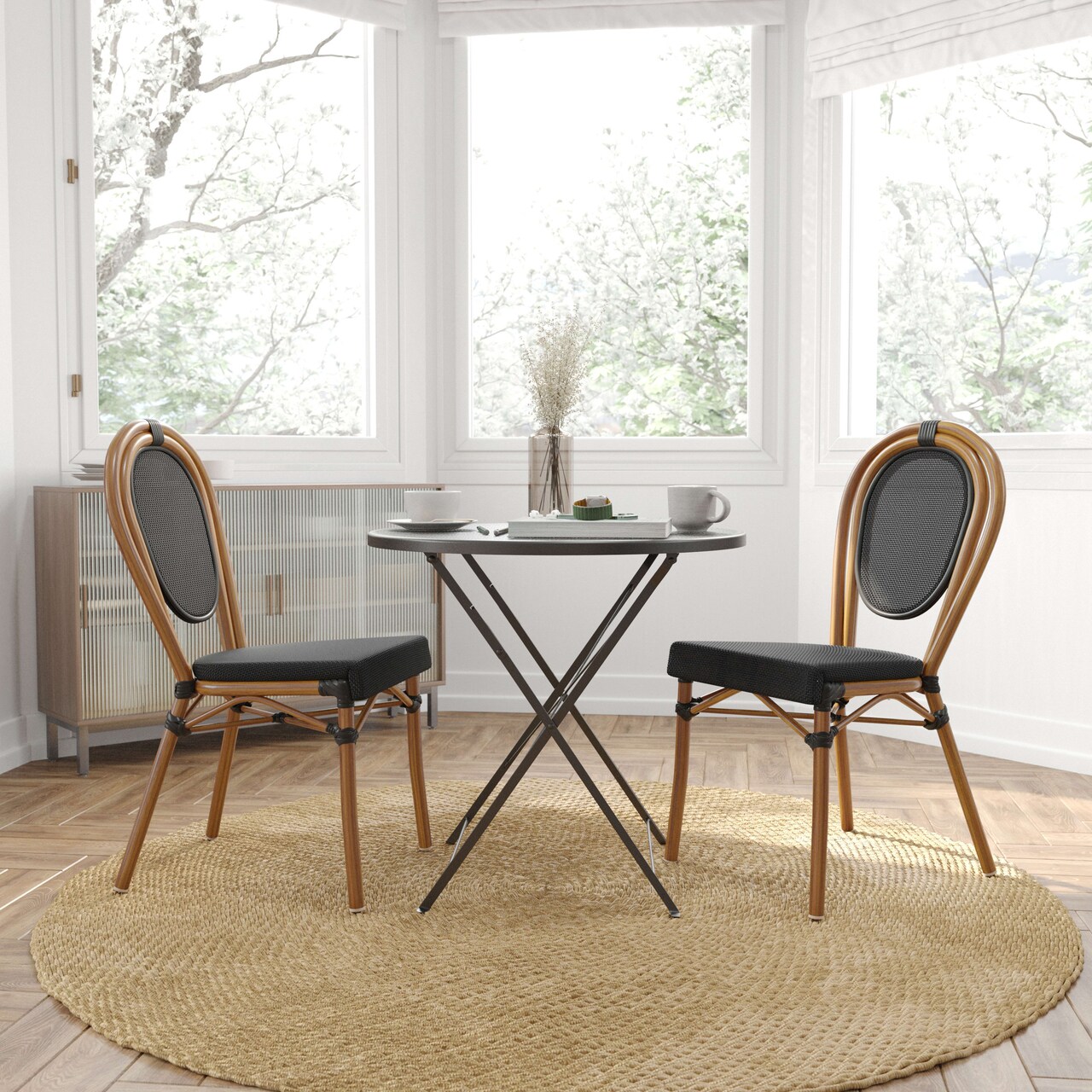 Merrick Lane Celia Stacking Thonet Bistro Style Chair with Arms, PE Rattan Seat, and Metal Frame for Indoor/Outdoor Use